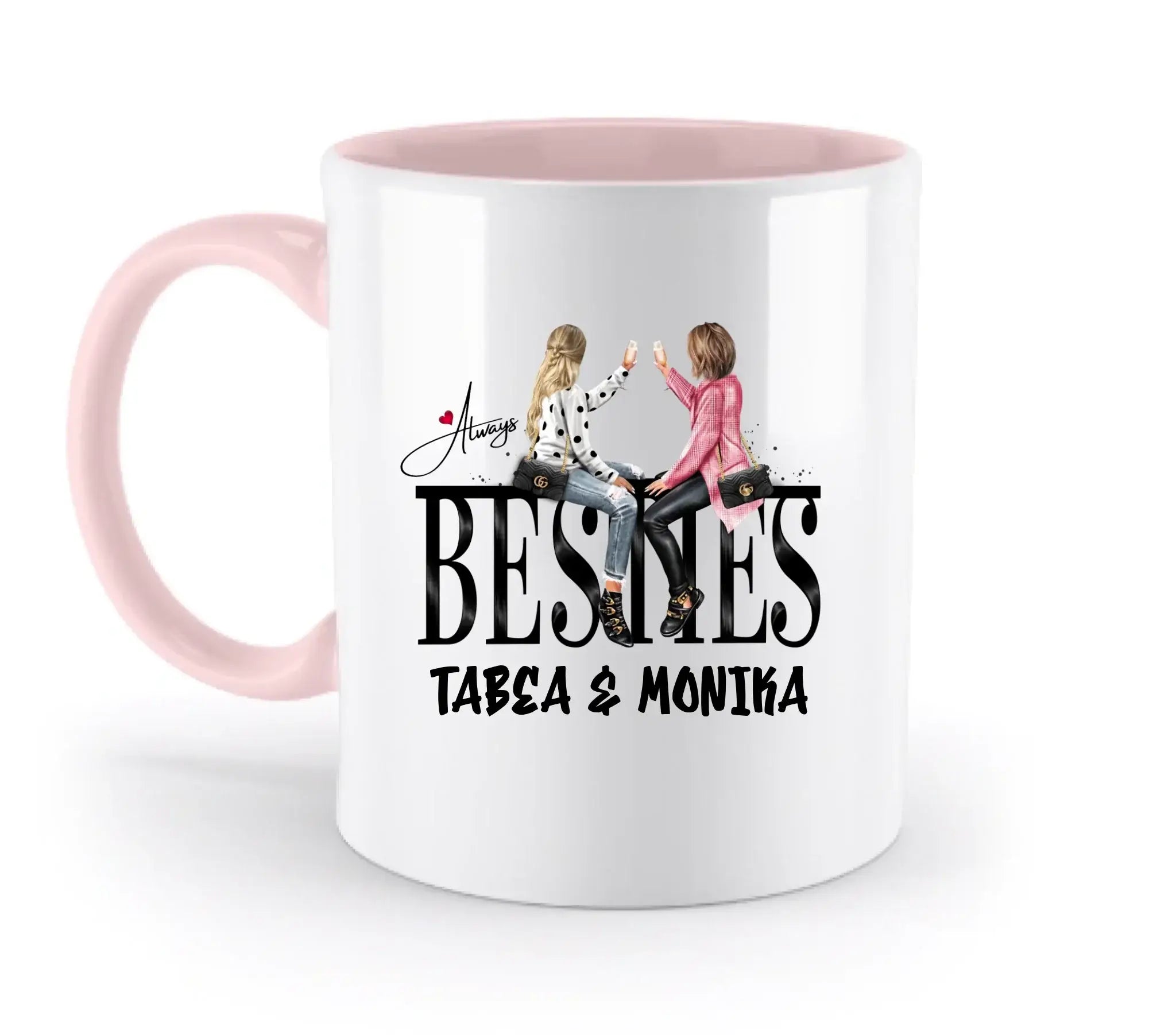 Weiße keramik tasse mit pinkem griff und innenbereich mit einer aquarellillustration von zwei frauen die highfive machen namens tabea und monika spülmaschinenfest und personalisierbar