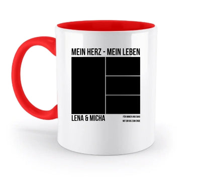 Weiße keramiktasse mit rotem innenraum und griff personalisierbar mit foto collage und spülmaschinenfest