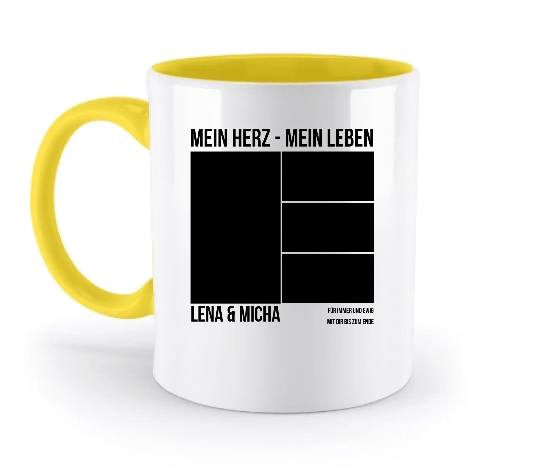 Weiße keramiktasse mit gelbem griff und innenbereich, schwarzem text, personalisierbar und spülmaschinenfest