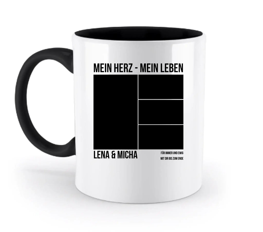 Weiße keramik tasse mit schwarzem griff und innenraum, personalisierbar mit foto collage und text mein herz mein leben