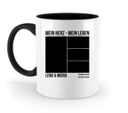 Weiße keramik tasse mit schwarzem griff und innenraum, personalisierbar mit foto collage und text mein herz mein leben