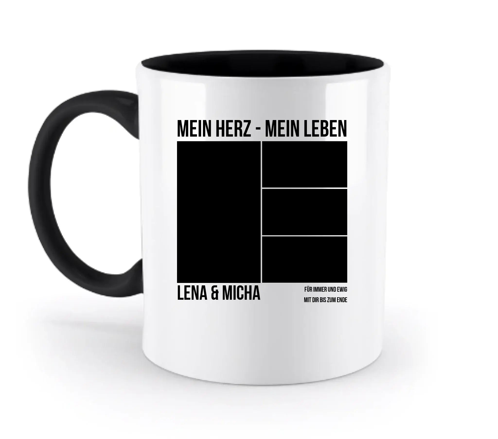 Weiße keramik tasse mit schwarzem griff und innenraum, personalisierbar mit foto collage und text mein herz mein leben