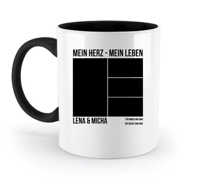 Weiße keramik tasse mit schwarzem griff und innenraum, personalisierbar mit foto collage und text mein herz mein leben
