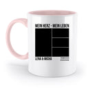 Weiße keramik tasse mit pinkem griff und innenfläche, vier fotoslots, personalisierbar und spülmaschinenfest