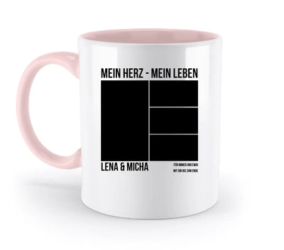 Weiße keramik tasse mit pinkem griff und innenfläche, vier fotoslots, personalisierbar und spülmaschinenfest