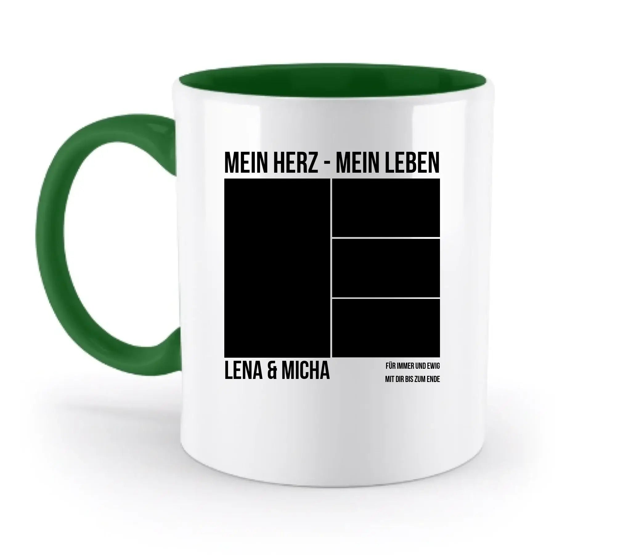 Weiße keramik tasse mit grünem inneren und griff personalisierbar für 2-6 fotos spülmaschinenfest