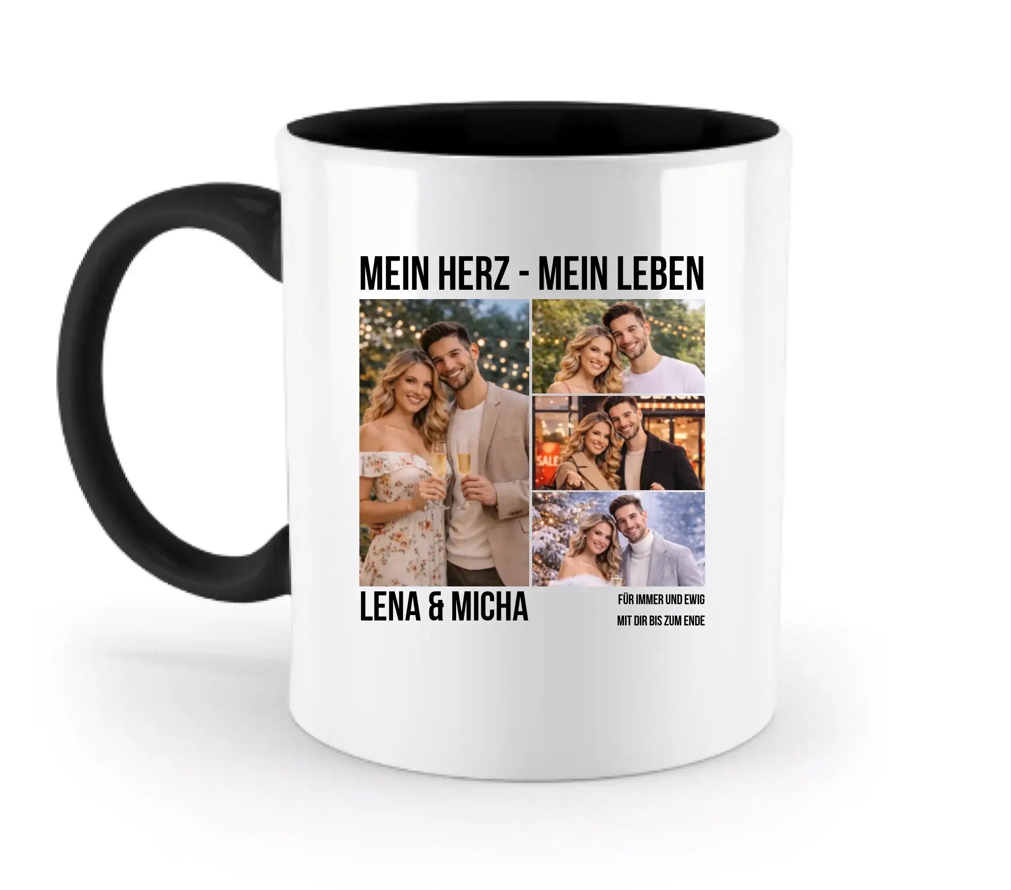 Weiße keramik tasse mit schwarzem griff und innenraum, personalisierbar mit foto collage von 2-6 bildern, spülmaschinenfest