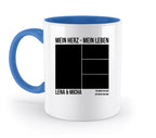 Weiße keramiktasse mit blauem griff und innenbereich, schwarzem text und rasterdesign, personalisierbar und spülmaschinenfest