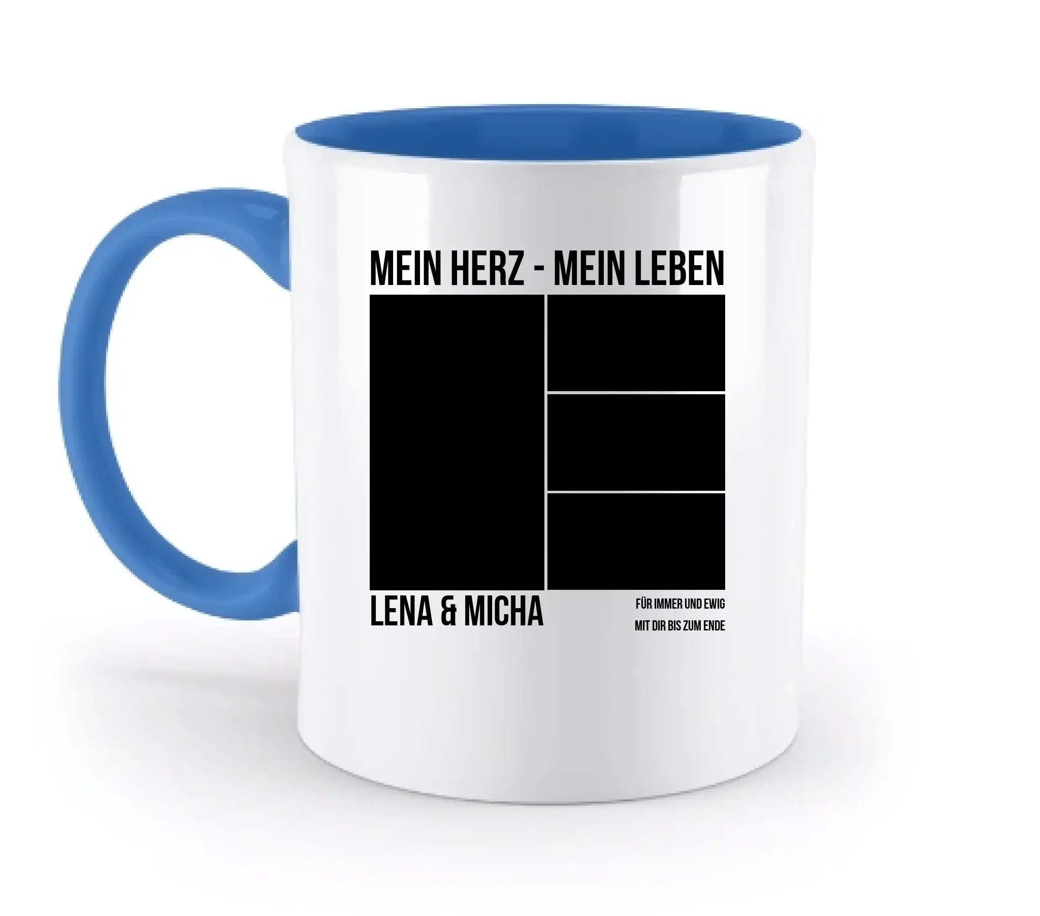 Weiße keramiktasse mit blauem griff und innenbereich, schwarzem text und rasterdesign, personalisierbar und spülmaschinenfest