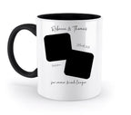 Weiße keramik tasse mit schwarzem griff und innen, zwei große rechteckige foto slots zum personalisieren, spülmaschinenfest
