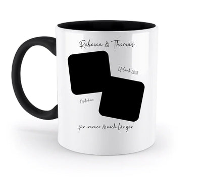 Weiße keramik tasse mit schwarzem griff und innen, zwei große rechteckige foto slots zum personalisieren, spülmaschinenfest