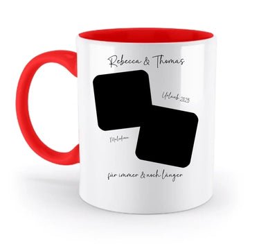 Weiße keramik tasse mit rotem griff und innenbereich personalisierbar mit 1-2 quadratischen fotos und wunschtext spülmaschinenfest