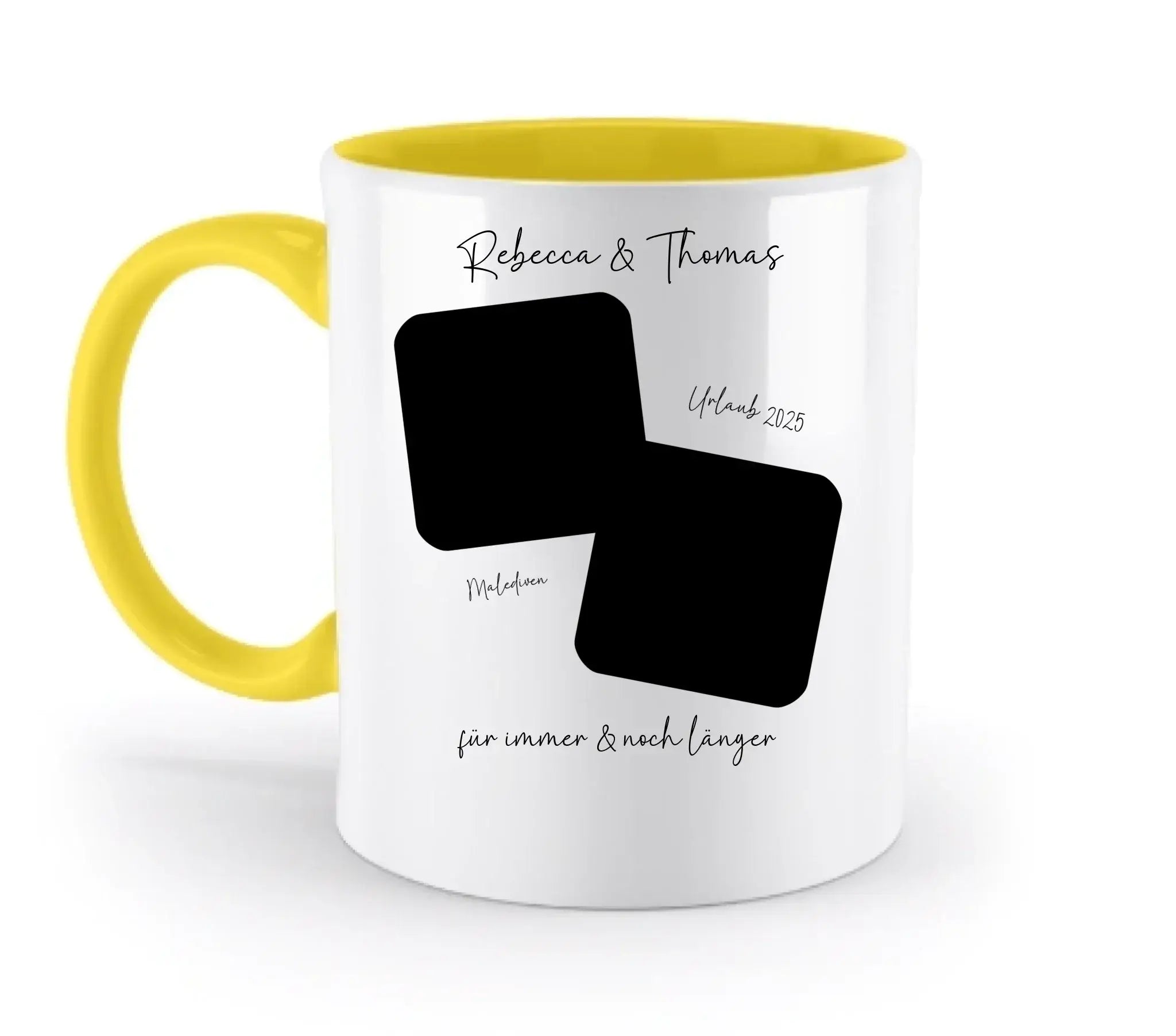 Weiße keramik-tasse mit gelbem griff und innen, zwei schwarzen quadraten für fotos und individuellem text, spülmaschinenfest