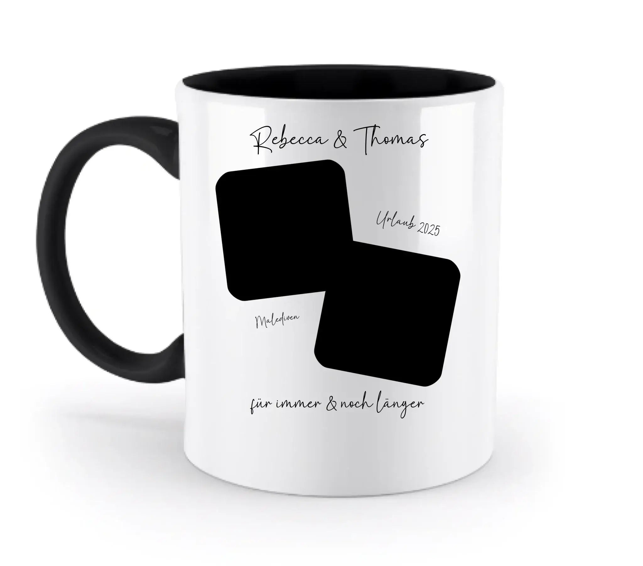 Weiße keramik-tasse mit schwarzem griff und innenfarbe, zwei personalisierbare quadratische foto-plätze, spülmaschinenfest