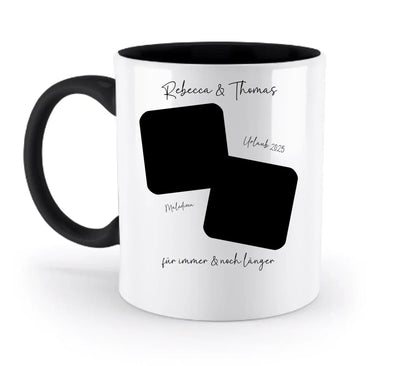 Weiße keramik-tasse mit schwarzem griff und innenfarbe, zwei personalisierbare quadratische foto-plätze, spülmaschinenfest