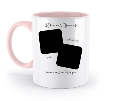 Weiße keramiktasse mit pinkem griff und innen und schwarzen fotorahmen personalisierbar und spülmaschinenfest