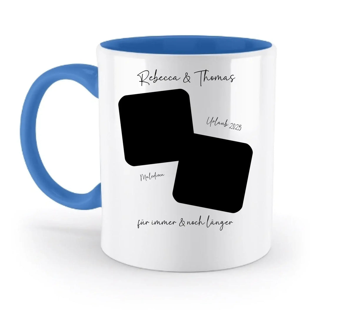 Weiß keramiktasse mit blauem innenraum und griff personalisierbar mit foto quadraten und wunschtext spülmaschinenfest
