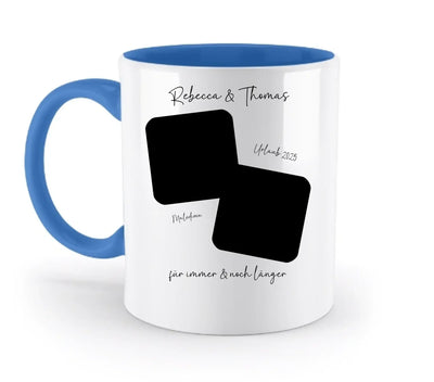 Weiß keramiktasse mit blauem innenraum und griff personalisierbar mit foto quadraten und wunschtext spülmaschinenfest