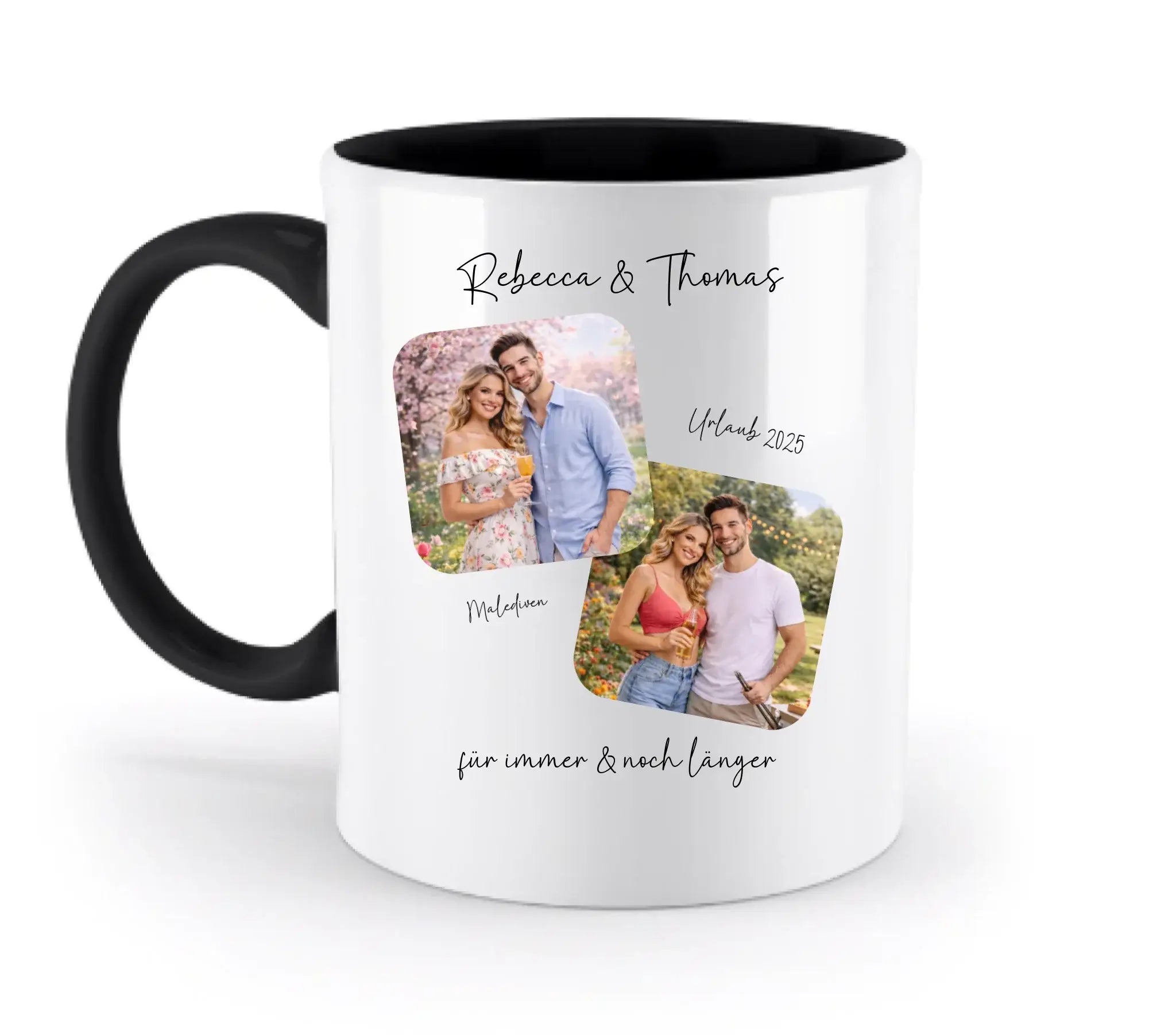 Weiße keramiktasse mit schwarzem griff und innenfarbe, personalisiert mit zwei fotos und text, spülmaschinenfest