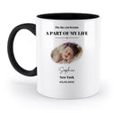 Weiße keramik tasse mit schwarzem griff und innen personalisierbar mit babyfoto sophia und text spülmaschinenfest