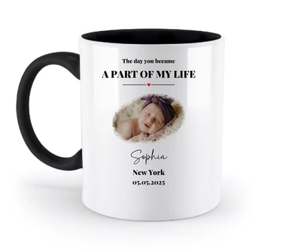 Weiße keramik tasse mit schwarzem griff und innen personalisierbar mit babyfoto sophia und text spülmaschinenfest