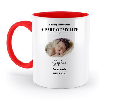 Weiße keramik-tasse mit rotem griff und innenfarbe, personalisiert mit babyfoto sophia und datum, spülmaschinenfest