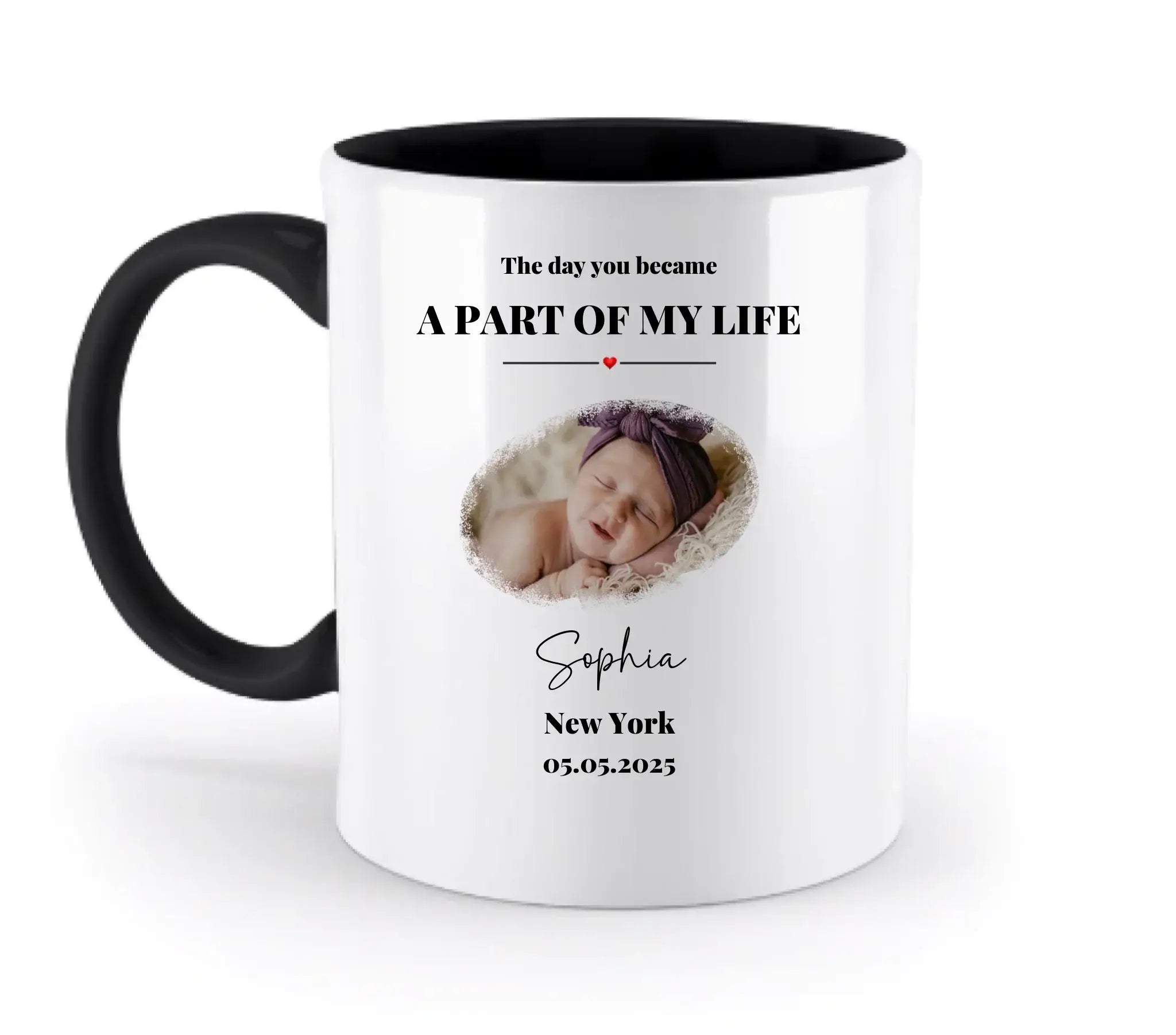 Weiße keramiktasse mit schwarzem griff und innenfarbe, personalisiert mit babyfoto sophia datum und spruch, spülmaschinenfest