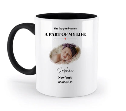 Weiße keramiktasse mit schwarzem griff und innenfarbe personalisierbar mit foto neugeborenes baby sophia und datum spülmaschinenfest