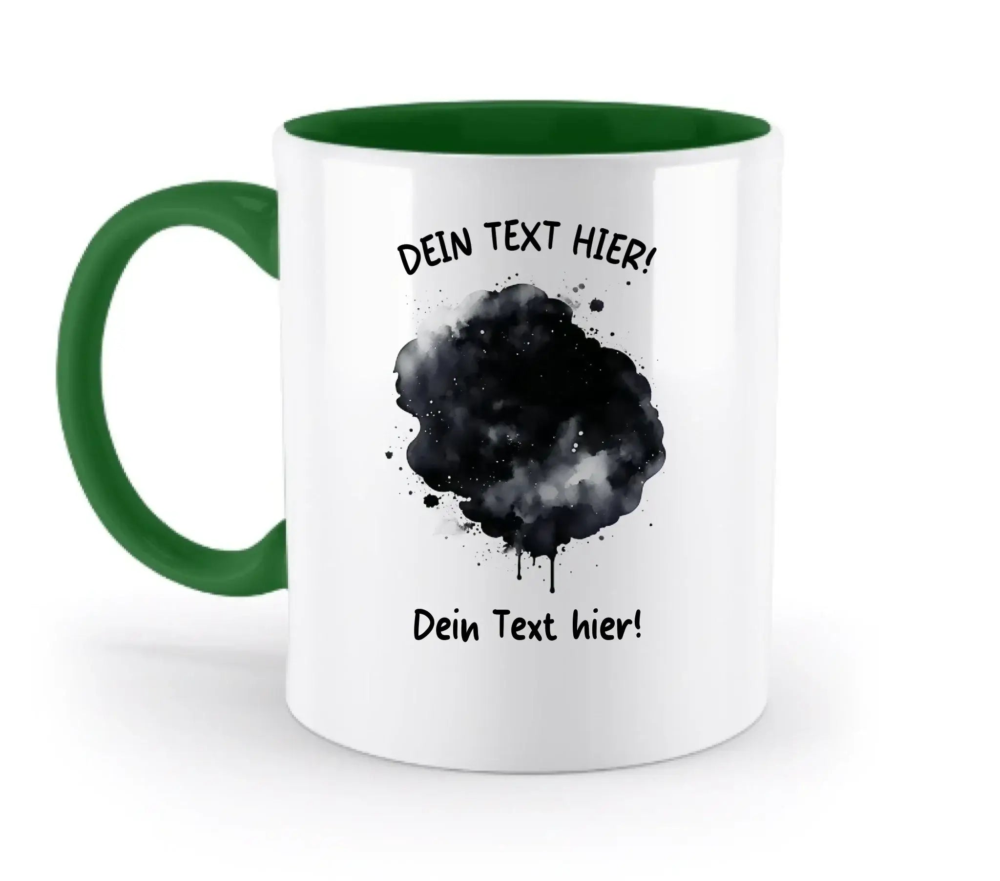 Weiße keramiktasse mit grünem henkel und innenraum, schwarzem aquarell-farbkleck-design und personalisierbarem text