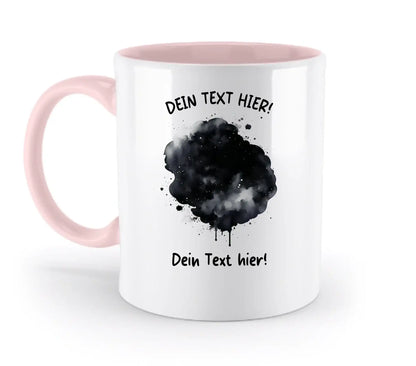 Weiße keramiktasse mit pinkem griff und innen mit schwarzem watercolor splatter und deutschem platzhaltertext