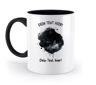 Weiße keramiktasse mit schwarzem griff und innenraum mit farbklecks ki-cartoon-effekt spülmaschinenfest personalisierbar