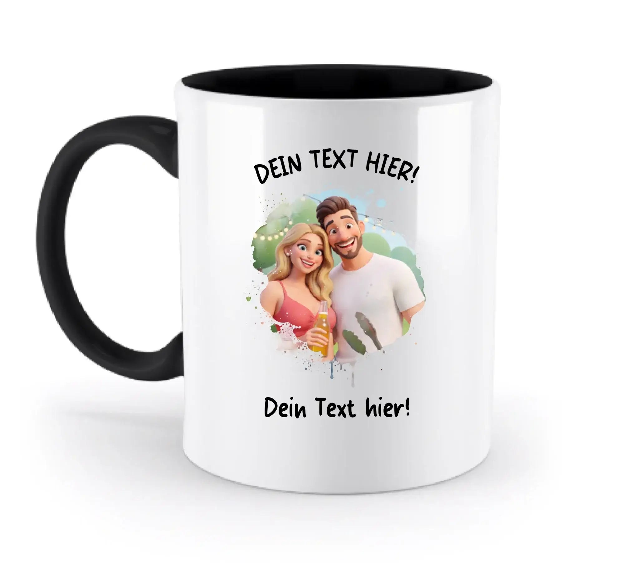 Weiße keramiktasse mit schwarzem griff und innenfarbe, bunter cartoon effekt, spülmaschinenfest und personalisierbar