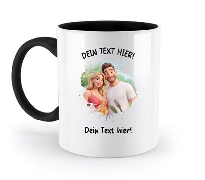 Weiße keramiktasse mit schwarzem griff und innenfarbe, bunter cartoon effekt, spülmaschinenfest und personalisierbar