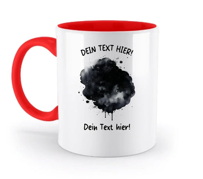 Weiße keramiktasse mit rotem griff und innenfarbe, schwarzem aquarellspritzer design und personalisierbarem text
