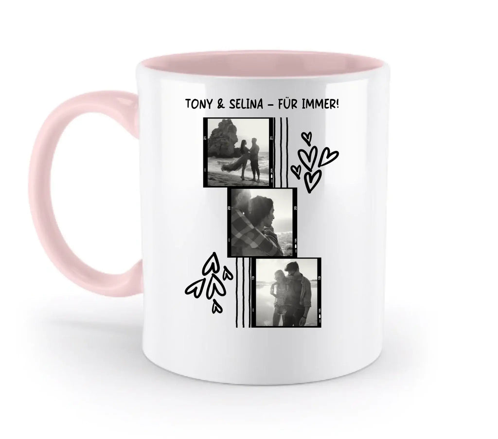 Weiße keramiktasse mit pinkem griff und innenbereich, spülmaschinenfest, personalisierbar mit schwarz-weiß fotos in filmstreifen-collage und herzzeichnungen