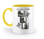 Weiße keramiktasse mit gelbem griff und innen, personalisierbare 3er foto-collage im filmstreifen-stil, spülmaschinenfest