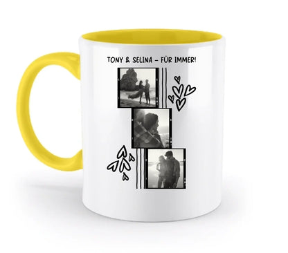 Weiße keramiktasse mit gelbem griff und innen, personalisierbare 3er foto-collage im filmstreifen-stil, spülmaschinenfest