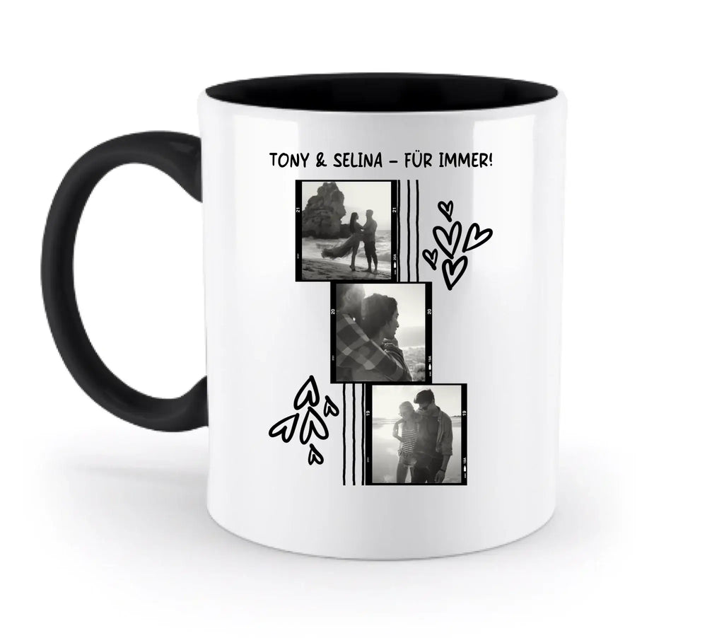 Weiße keramiktasse mit schwarzem griff und innenbereich personalisiert mit 3er fotomotiv collage und herzen spülmaschinenfest