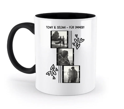 Weiße keramiktasse mit schwarzem griff und innenbereich personalisiert mit 3er fotomotiv collage und herzen spülmaschinenfest