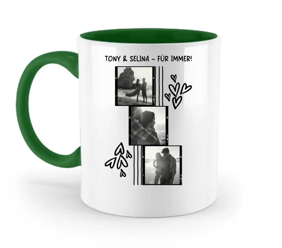 Weiße keramiktasse mit grünem inneren und griff, personalisierbar mit 3er fotomotiv collage und spülmaschinenfest