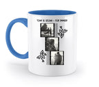 Blaue keramiktasse mit personalisierbarem fotomotiv 3er collage in schwarzweiß und herzmotive spülmaschinenfest