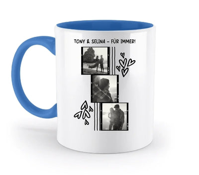 Blaue keramiktasse mit personalisierbarem fotomotiv 3er collage in schwarzweiß und herzmotive spülmaschinenfest