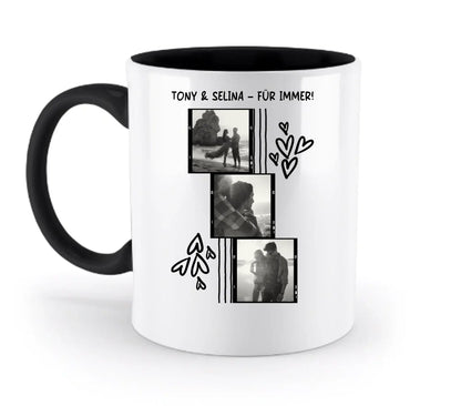 Weiße keramiktasse mit schwarzem griff und innen personalisierbar mit 3er fotomotiv collage spülmaschinenfest