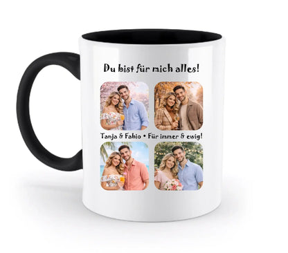 Weiße keramiktasse mit schwarzem griff und innen mit vier personalisierten paarfotos spülmaschinenfest