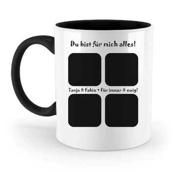 Weiße keramiktasse mit schwarzem griff und innenfarbe, vier foto-plätze und personalisierbare spülmaschinenfeste collagemotiv