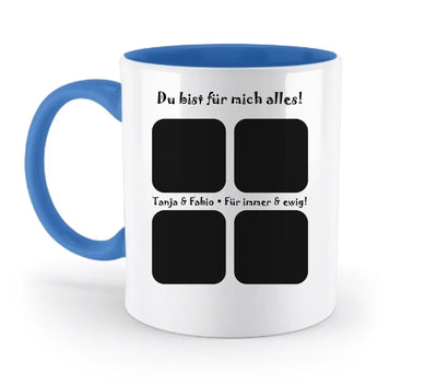 Weiße keramiktasse mit blauem griff und innenfarbe, personalisierbar mit 4 fotos, spülmaschinenfest