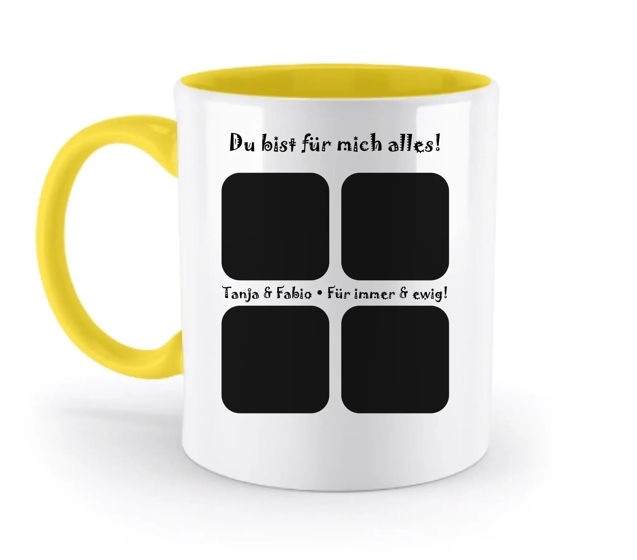 Weiße keramiktasse mit gelbem griff und innenbereich, vier fotofelder und spülmaschinenfest, personalisierbar