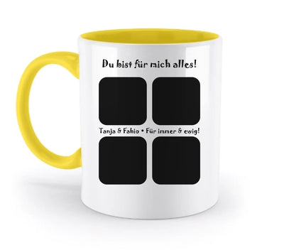 Weiße keramiktasse mit gelbem griff und innenbereich, vier fotofelder und spülmaschinenfest, personalisierbar