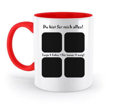 Weiße keramiktasse mit rotem griff und innenfarbe personalisierbar mit 4 fotos spülmaschinenfest