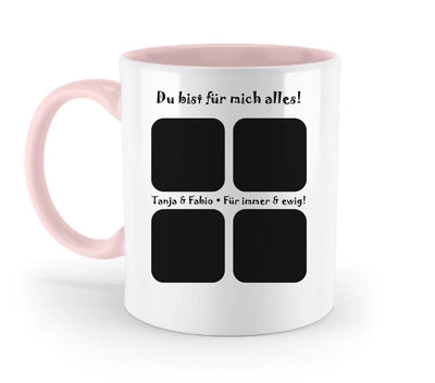 Weiße keramiktasse mit rosa henkel und innenseite, schwarzem text und vier quadratischen fotoslots personalisierbar